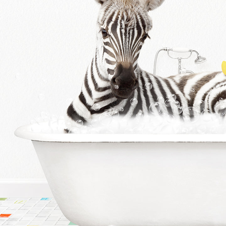 a zebra laying down in a bath tub