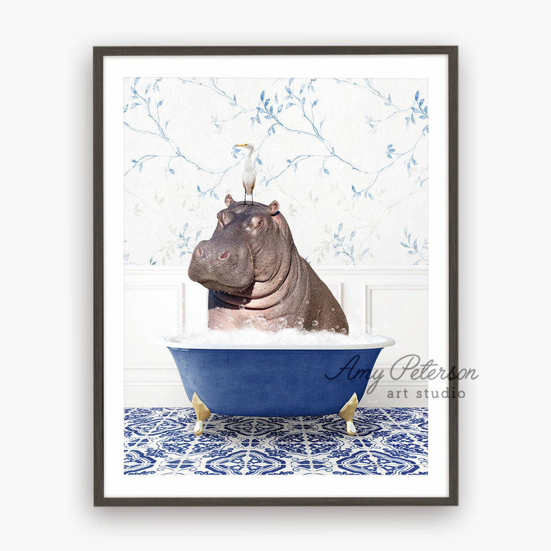 a hippo in a bathtub with a bird on top of it