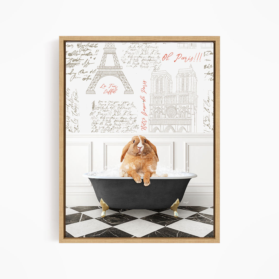 A brown rabbit sitting in a bathtub filled with water, surrounded by a black and white checkered floor and a wall with the Eiffel Tower and other Parisian landmarks.