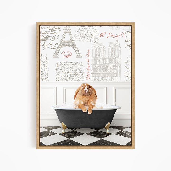 A brown rabbit sitting in a bathtub filled with water, surrounded by a black and white checkered floor and a wall with the Eiffel Tower and other Parisian landmarks.