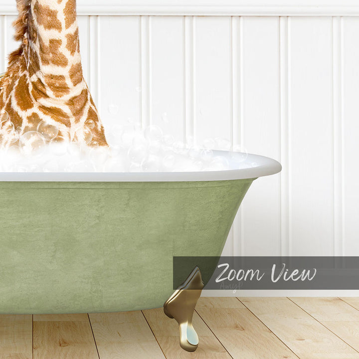 A giraffe is standing in a green bathtub filled with water, creating a whimsical and playful scene.