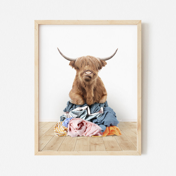 a picture of a highland cow sitting on a pile of clothes