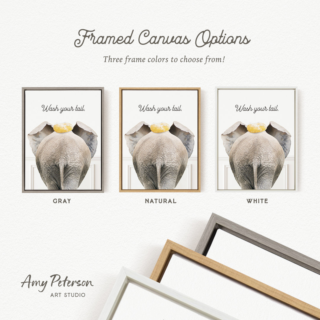 three framed canvas options for a "Wash your tail" art piece, each with a different frame color: gray, natural, and white.