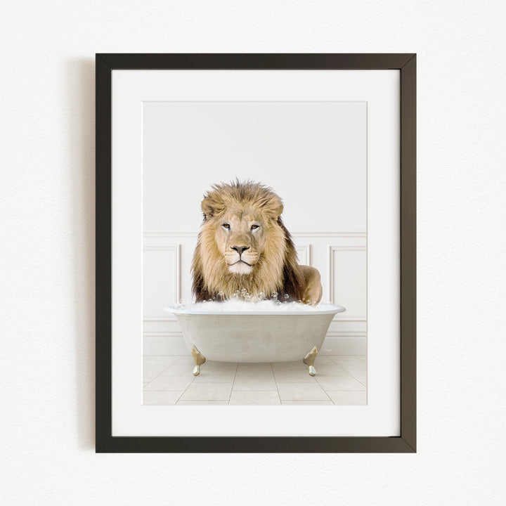 A lion sitting in a white bathtub, with its head resting on the edge of the tub.