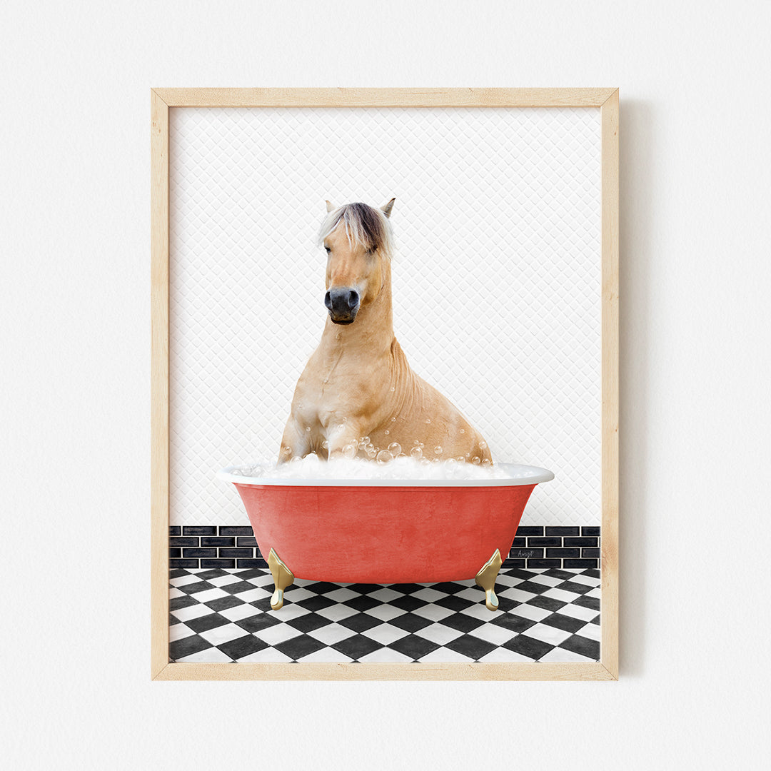 a horse sitting in a bathtub in a bathroom