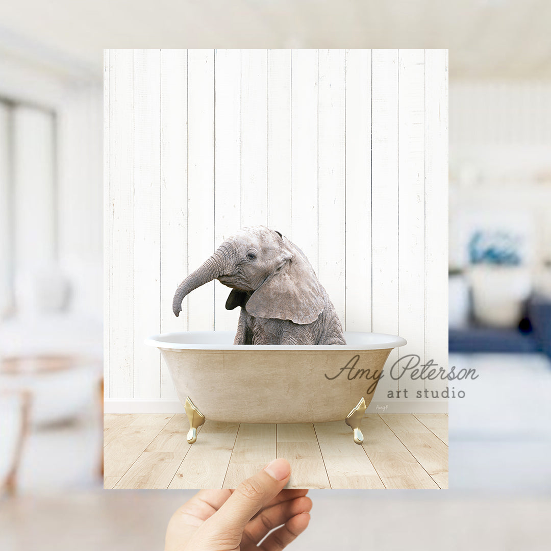 a hand holding a photo of an elephant in a bathtub