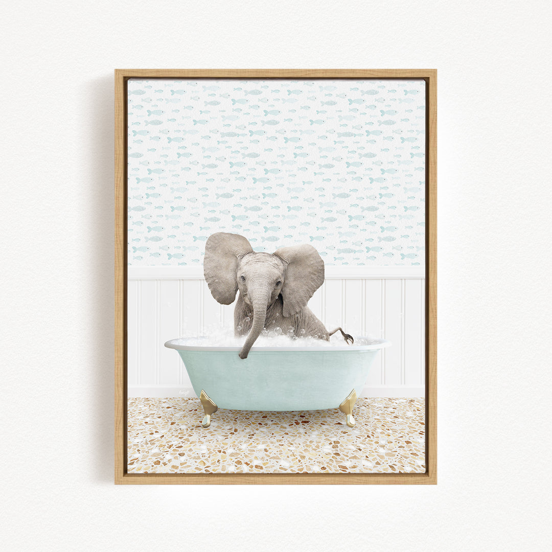 A baby elephant sitting in a bathtub filled with water, surrounded by a patterned wall.