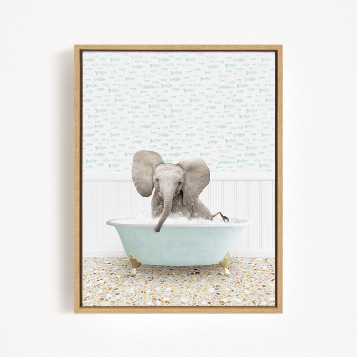 A baby elephant sitting in a bathtub filled with water, surrounded by a patterned wall.