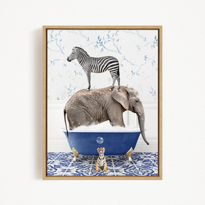 A zebra stands on the back of an elephant, which is submerged in a blue bathtub, with a tiger sitting on the edge of the tub.