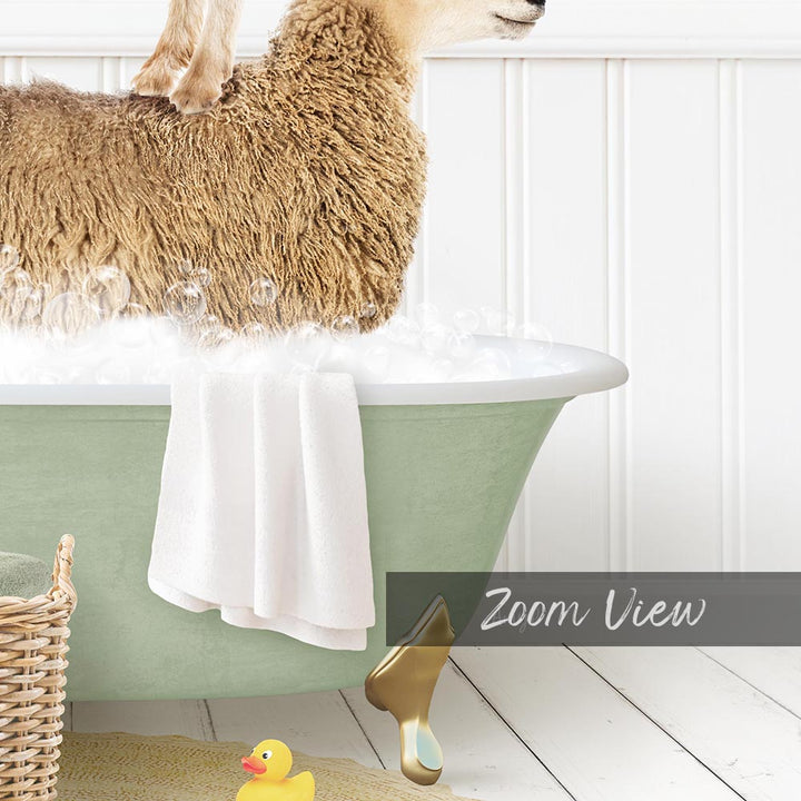 A fluffy brown sheep is sitting in a green bathtub filled with water, surrounded by a yellow rubber duck and a white towel.
