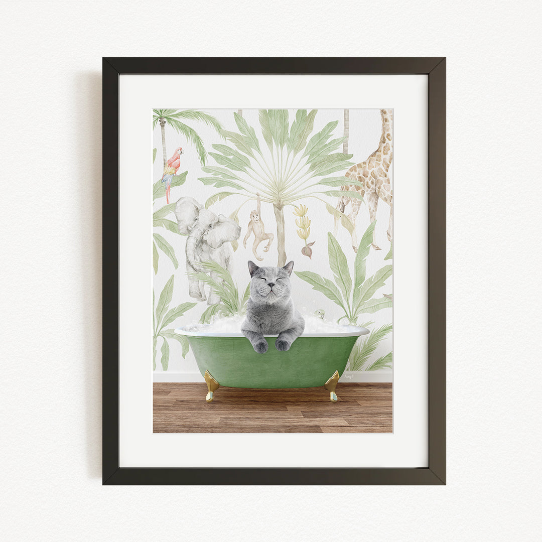 A framed illustration depicting a gray cat sitting in a green bathtub, surrounded by a tropical jungle scene with various animals and plants.