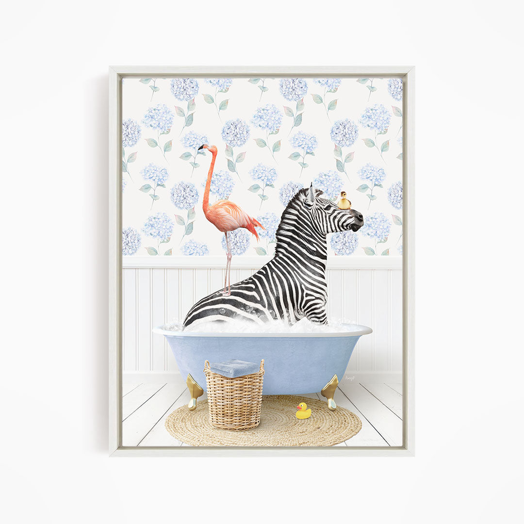 A zebra is sitting in a bathtub filled with water, accompanied by a pink flamingo standing on one leg.