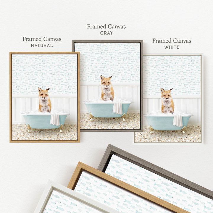 three framed pictures of a fox sitting in a bathtub, each with a different colored frame.