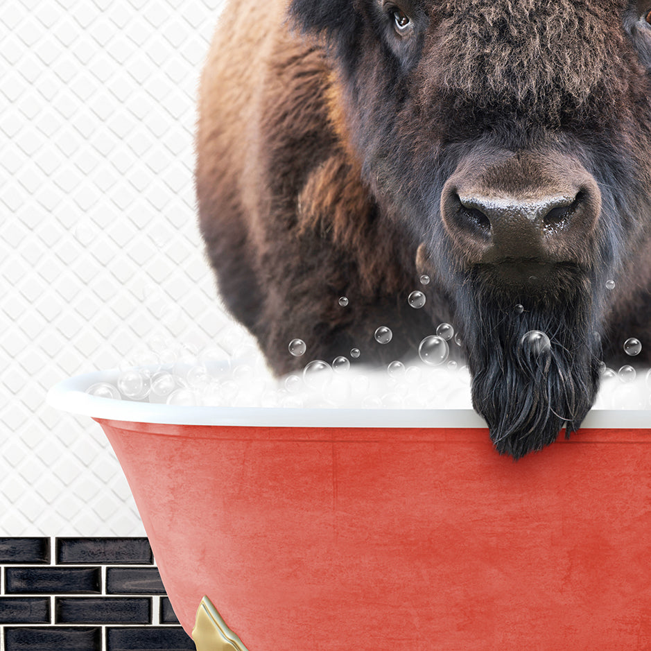 a bison is standing in a bathtub with bubbles