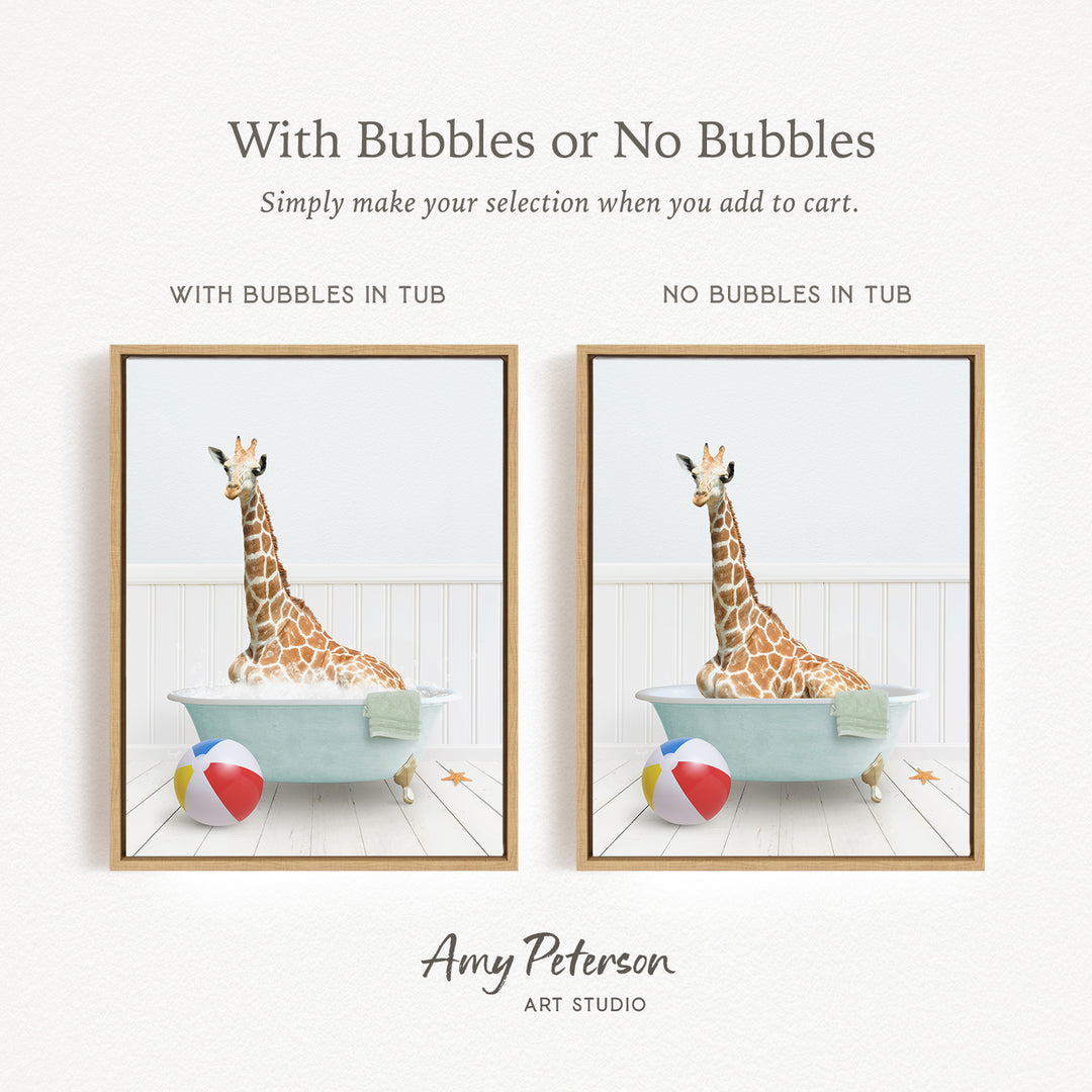 The image is a collage of two framed pictures, each depicting a giraffe sitting in a bathtub. The first picture shows a giraffe sitting in a bathtub with bubbles, while the second picture shows a giraffe sitting in a bathtub without bubbles. The text above the images reads "With Bubbles or No Bubbles Simply make your selection when you add to cart."