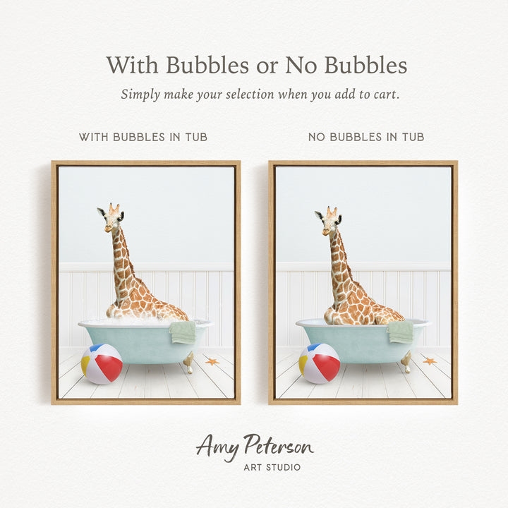 The image is a collage of two framed pictures, each depicting a giraffe sitting in a bathtub. The first picture shows a giraffe sitting in a bathtub with bubbles, while the second picture shows a giraffe sitting in a bathtub without bubbles. The text above the images reads "With Bubbles or No Bubbles Simply make your selection when you add to cart."