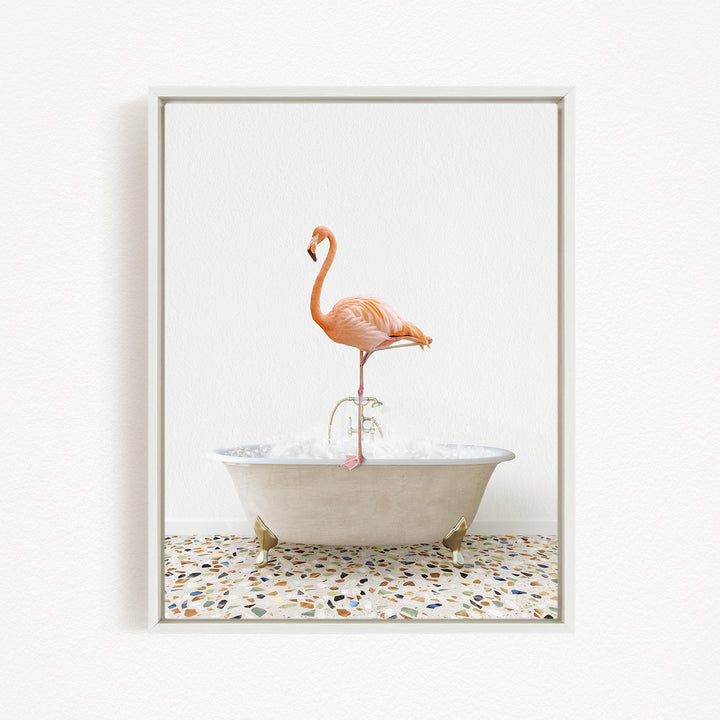 A pink flamingo standing on a white bathtub filled with water, set against a white background.