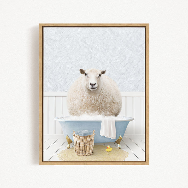 A fluffy white sheep sits in a blue bathtub filled with bubbles, surrounded by a basket of toys and a yellow rubber duck.