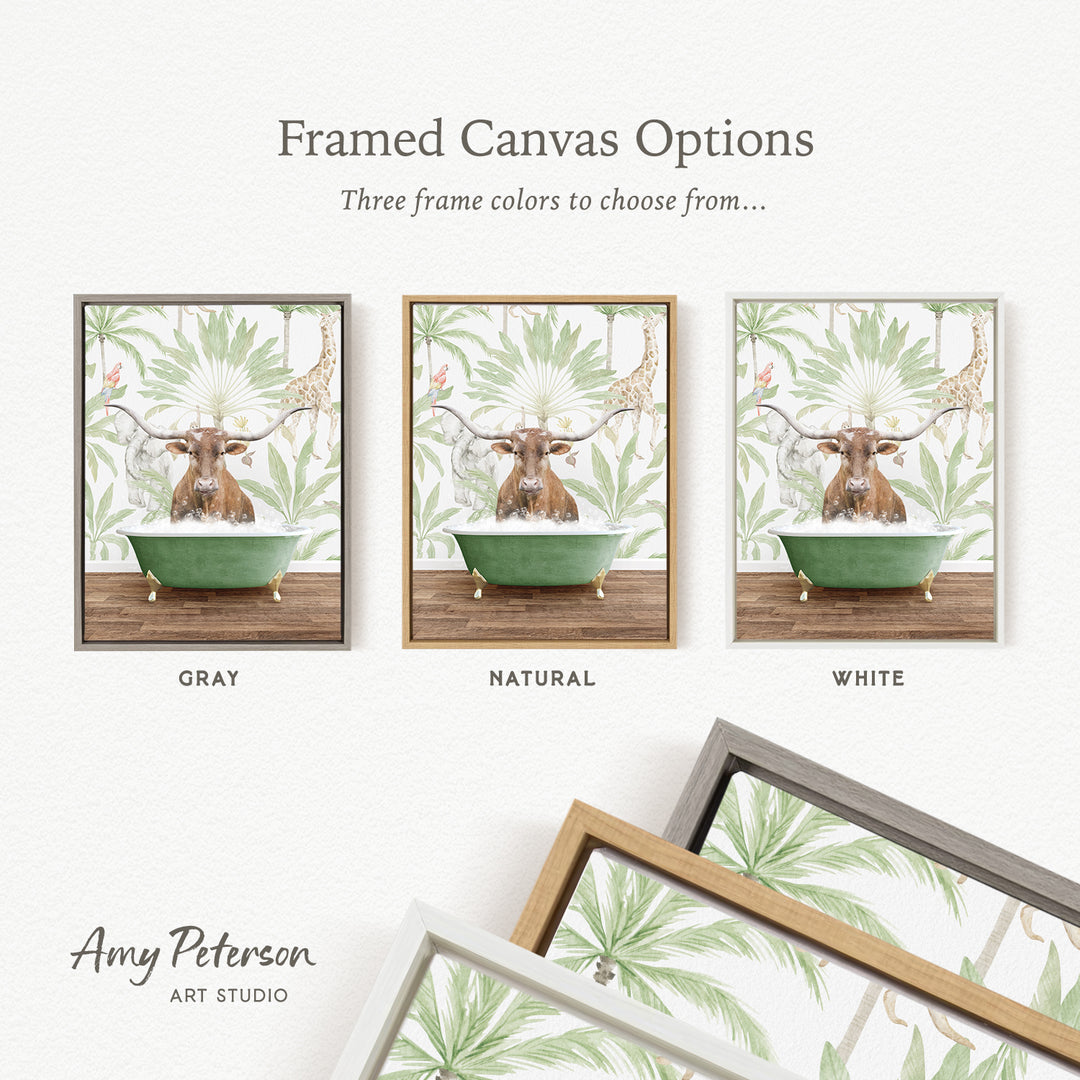 three framed canvas options featuring a moose in a bathtub, each with a different frame color: gray, natural, and white.