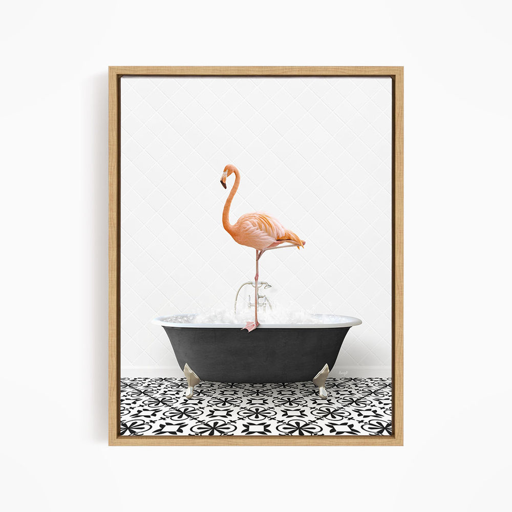 A flamingo standing on one leg in a bathtub filled with water, set against a white background with a black and white patterned floor.