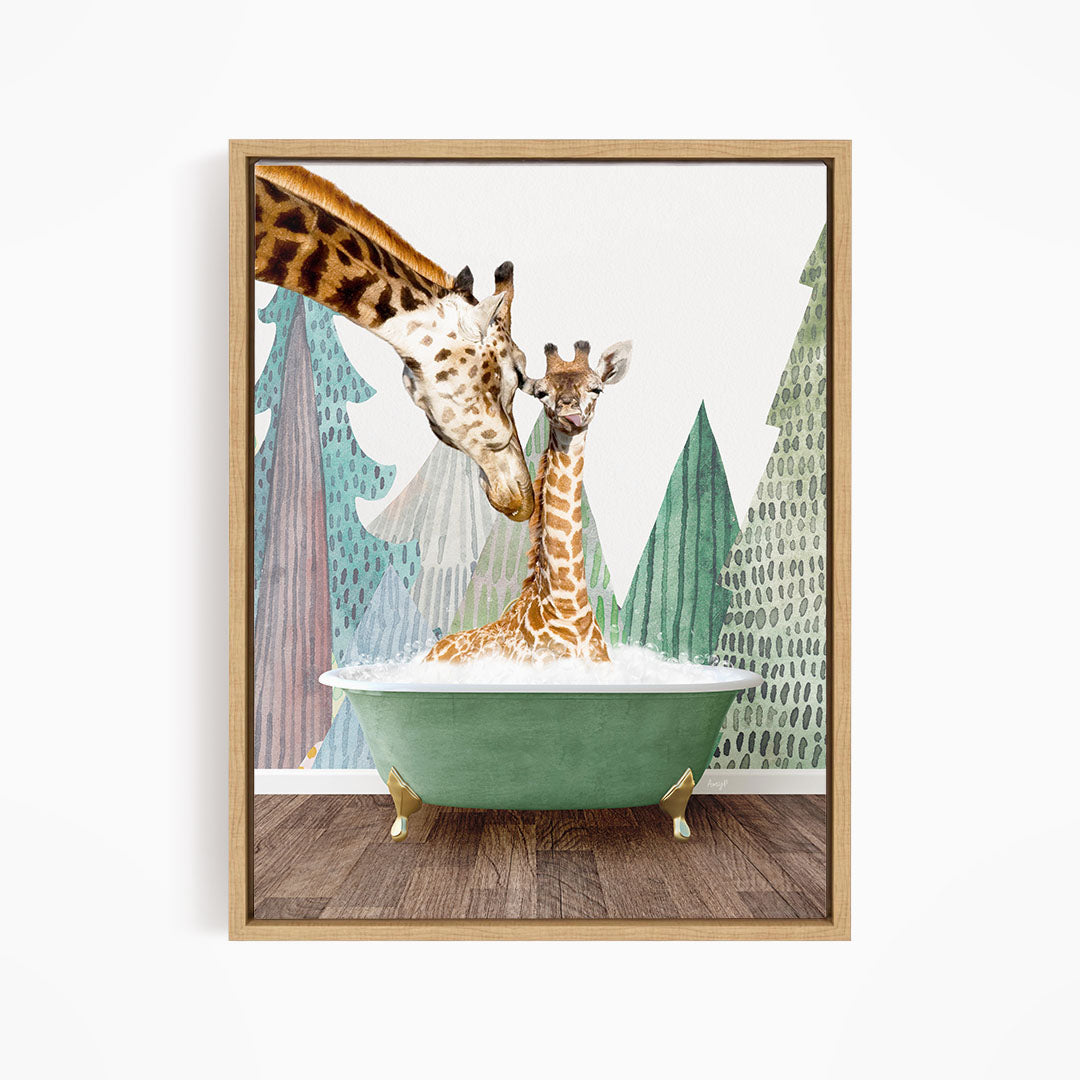 A giraffe and a baby giraffe are sitting in a green bathtub, surrounded by a forest-themed background.