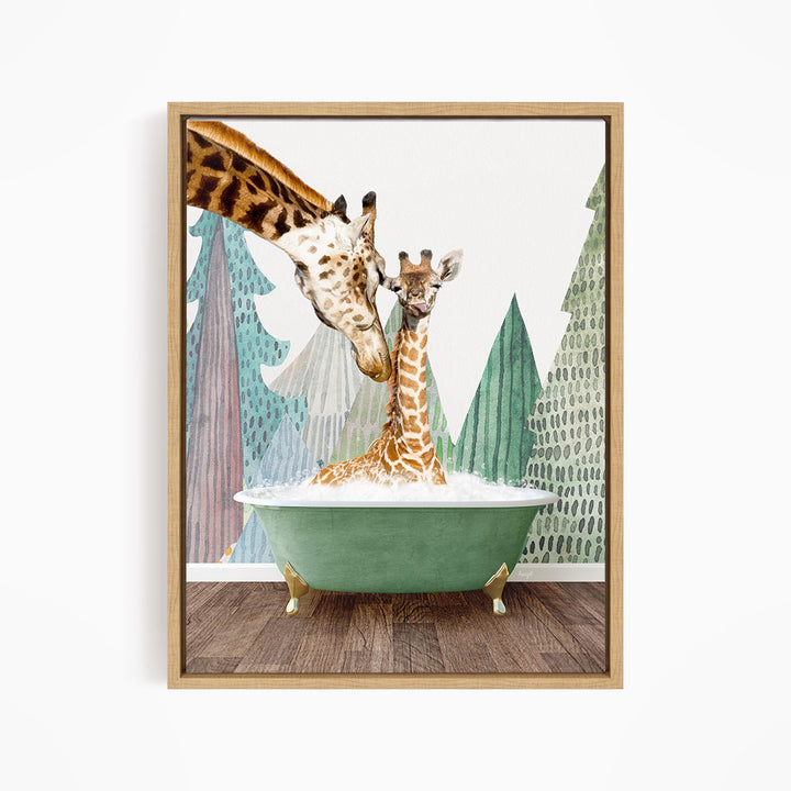 A giraffe and a baby giraffe are sitting in a green bathtub, surrounded by a forest-themed background.