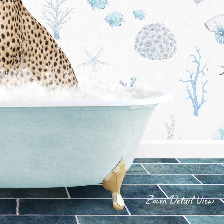 A leopard-print bathtub filled with bubbles, with a blue and white underwater wallpaper in the background.