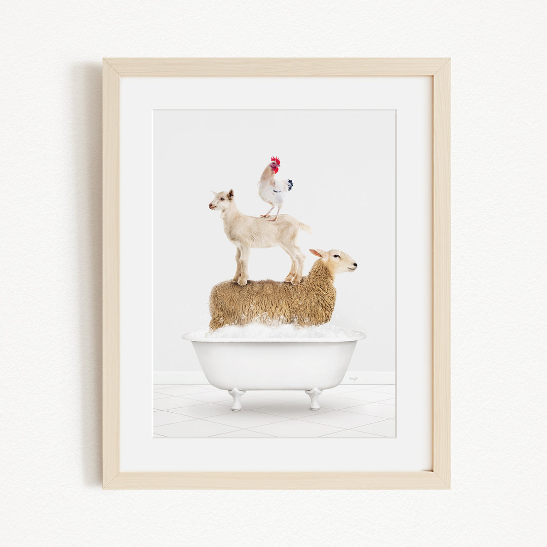 A framed image depicting a goat standing on top of a sheep in a bathtub, with a rooster perched on the sheep's back.