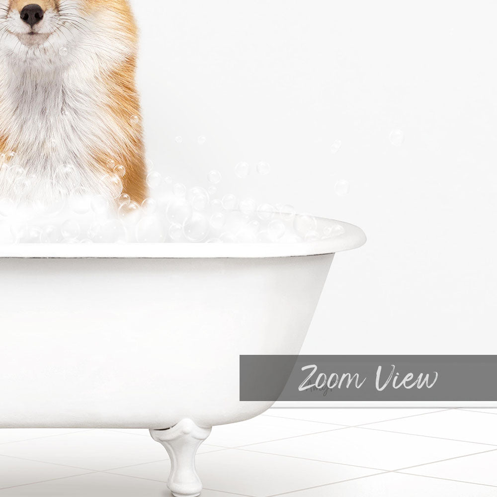 A dog is sitting in a white bathtub filled with bubbles, enjoying a bath.