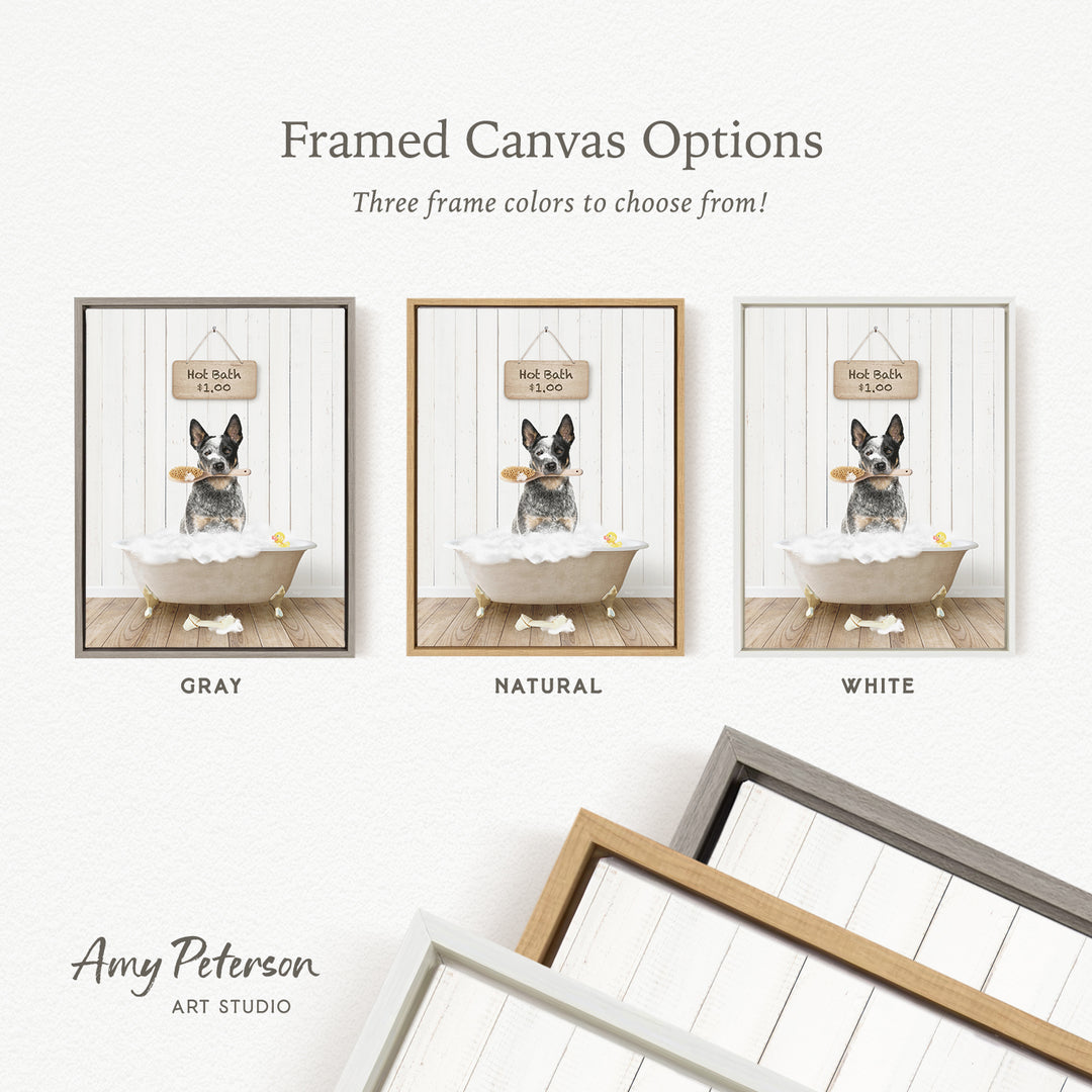 The image is a framed canvas option featuring three different colored frames with a picture of a dog sitting in a bathtub.