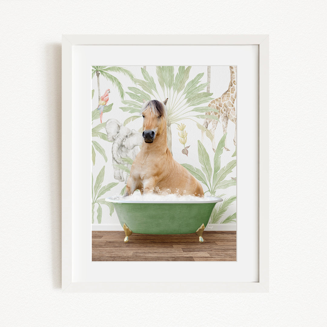 A brown horse is sitting in a green bathtub, surrounded by a tropical wallpaper with various animals and plants.