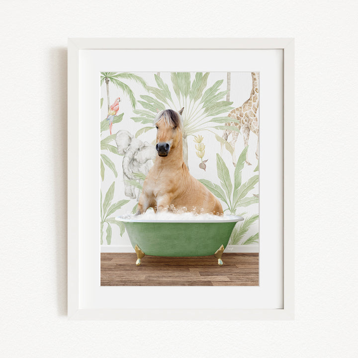 A brown horse is sitting in a green bathtub, surrounded by a tropical wallpaper with various animals and plants.