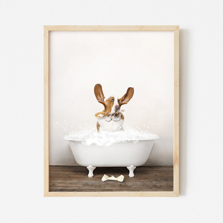 a picture of a dog in a bathtub with a bunny ears sticking out of