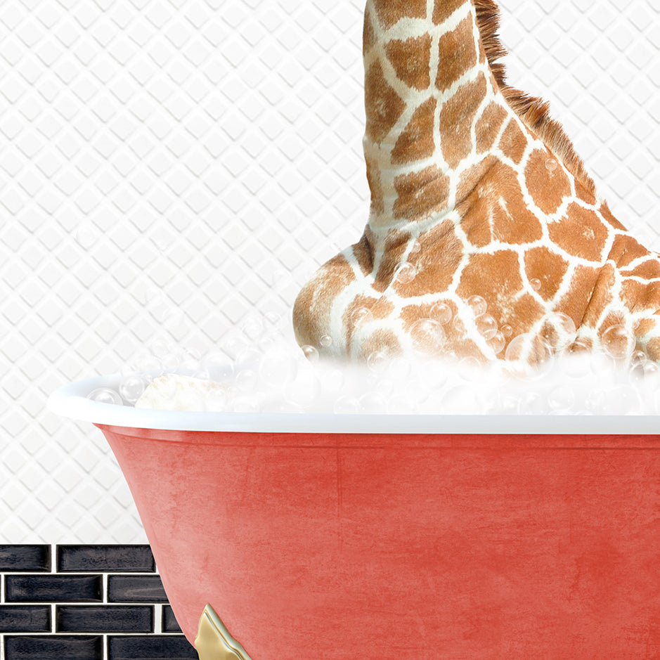 a giraffe sticking its head in a bathtub