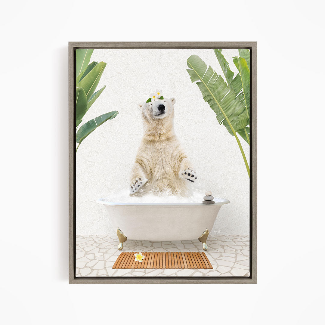A polar bear sitting in a bathtub filled with water, surrounded by tropical plants and flowers.