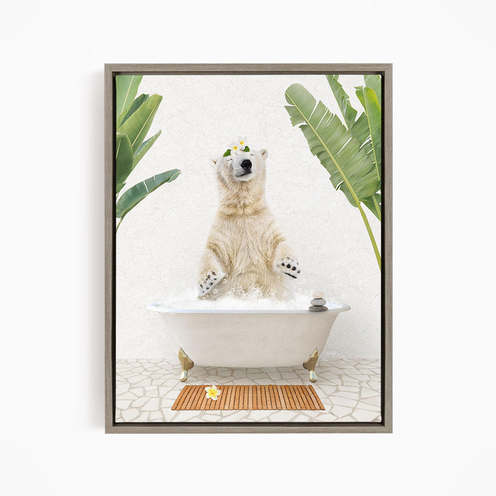 A polar bear sitting in a bathtub filled with water, surrounded by tropical plants and flowers.