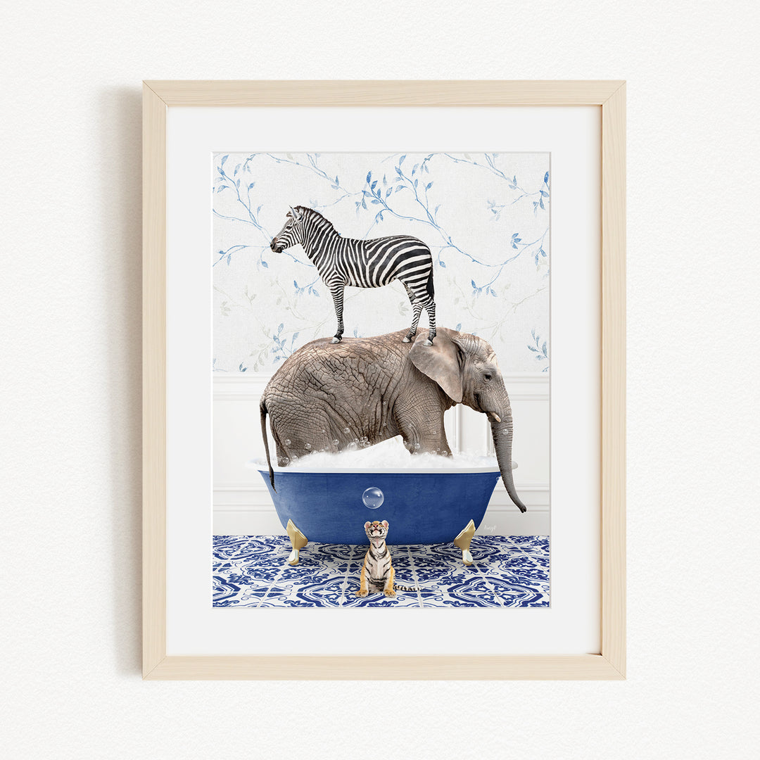 A zebra stands on top of an elephant in a blue bathtub, with a tiger sitting in the tub below.