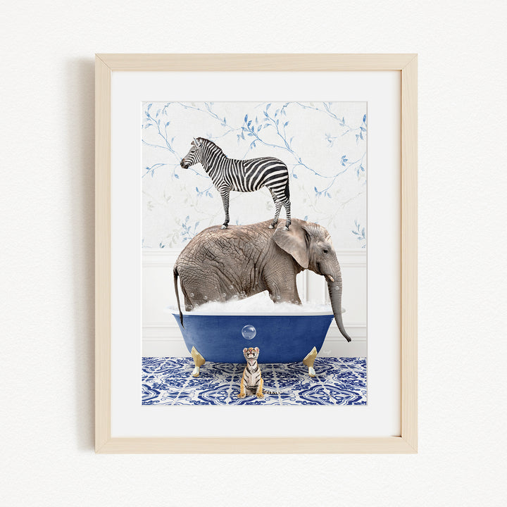 A zebra stands on top of an elephant in a blue bathtub, with a tiger sitting in the tub below.