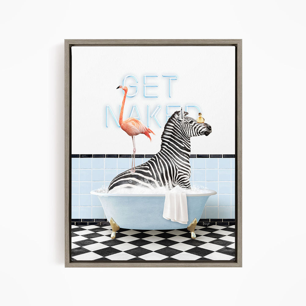 A zebra sitting in a bathtub, with a flamingo standing on its back and a sign that says "GET NAKED" in the background.