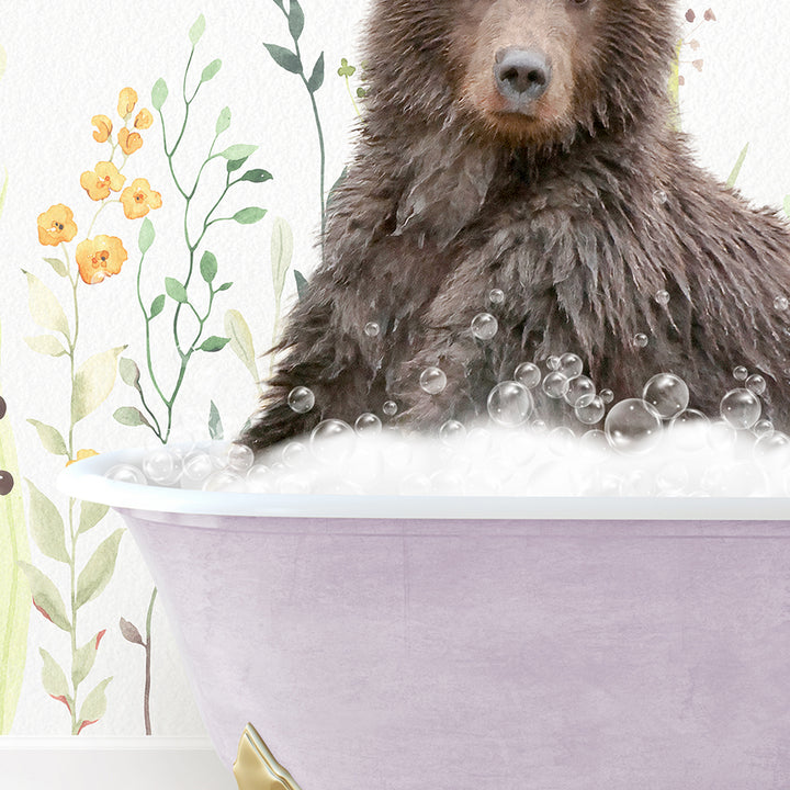 a brown bear sitting in a bathtub filled with bubbles