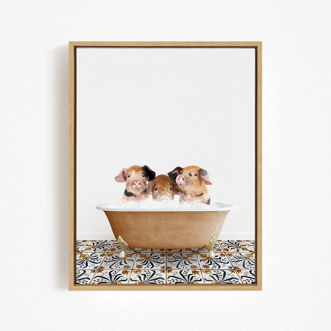 Three adorable pigs sitting in a bathtub filled with water, surrounded by a patterned tile floor.