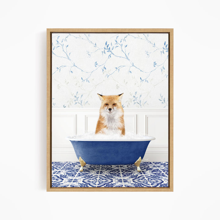 A red fox is sitting in a blue bathtub, with a blue and white floral patterned wall behind it.