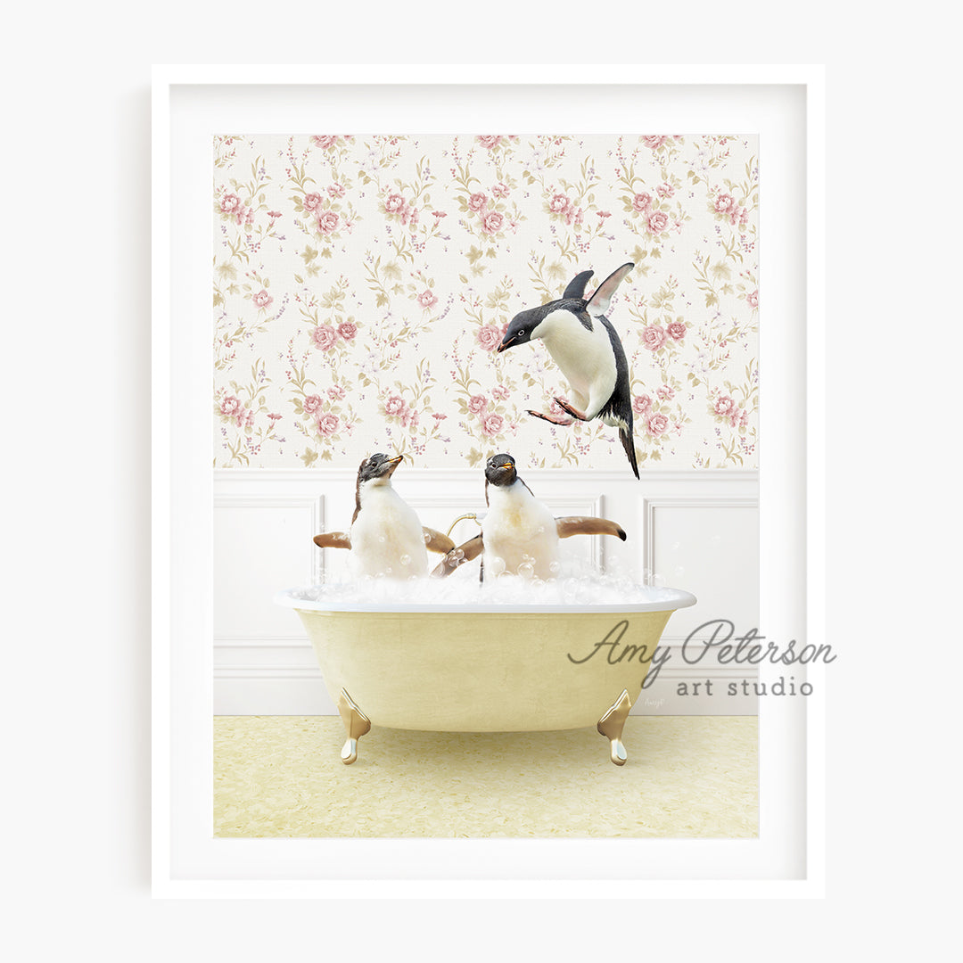 a picture of three penguins in a bathtub