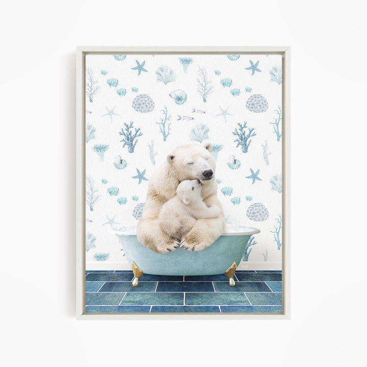 A polar bear is sitting in a bathtub, surrounded by a blue and white ocean-themed wallpaper.