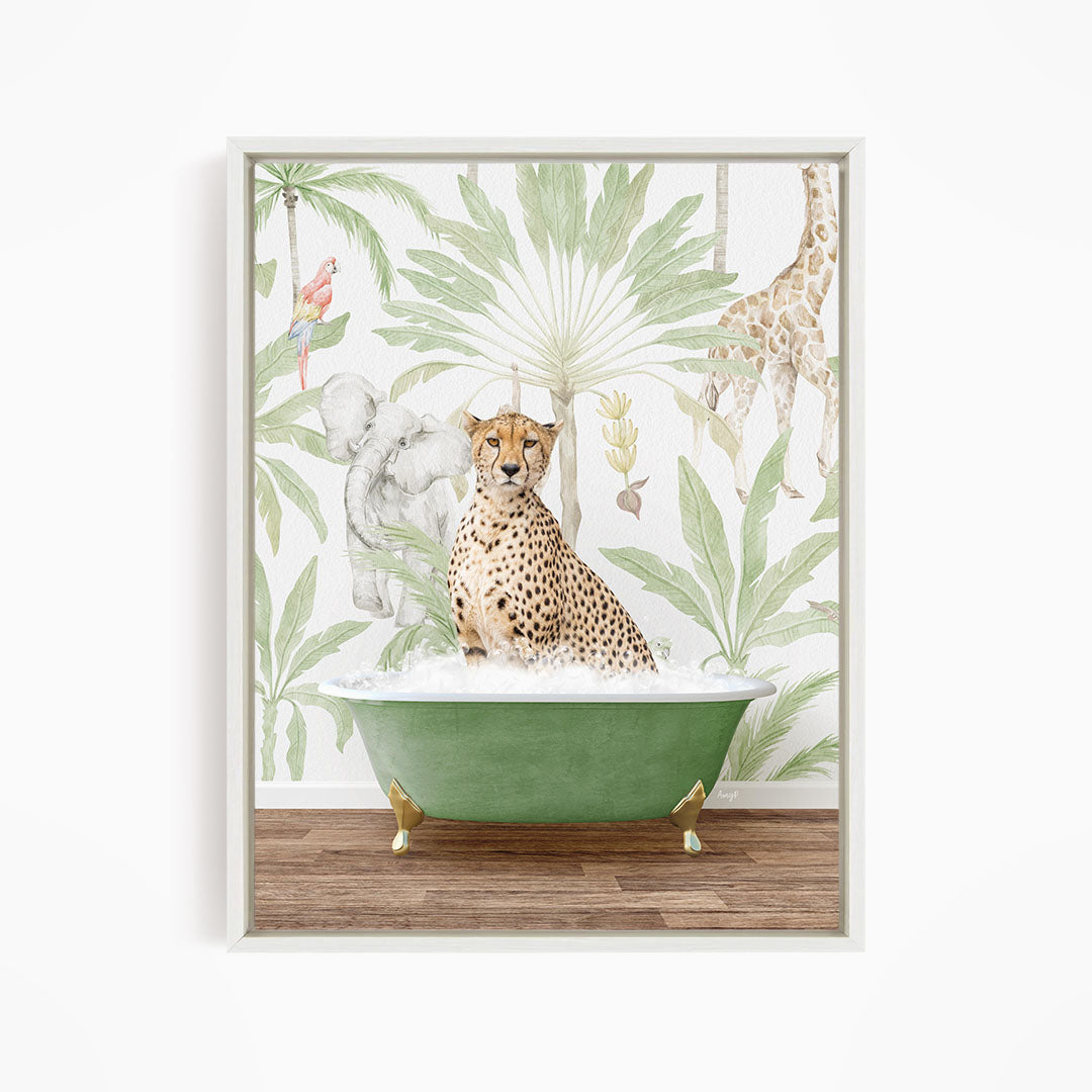 A cheetah sitting in a green bathtub, surrounded by tropical foliage and animals, including a parrot and a giraffe.