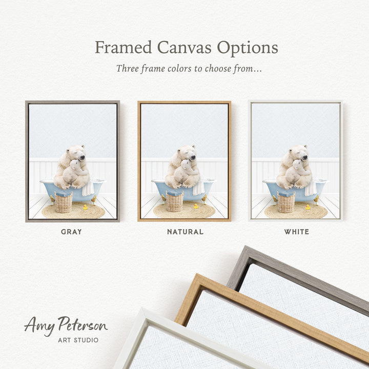 three framed canvas options, each featuring a white bear in a bathtub. The options include a gray frame, a natural frame, and a white frame. The text above the images reads " framed Canvas Options" and "Three frame colors to choose from...".