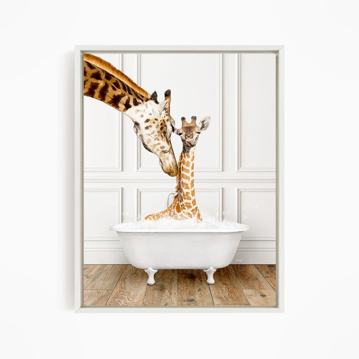 A mother giraffe and her baby giraffe are enjoying a relaxing bath together in a white bathtub, with the mother gently nuzzling her baby.