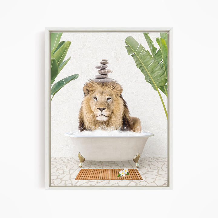 A lion is sitting in a bathtub filled with water, surrounded by palm leaves and a wooden mat.