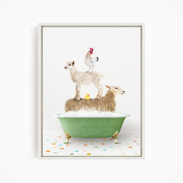 A framed image depicting a sheep standing on a chicken's back while a lamb sits in a green bathtub, with a rooster perched on top of the chicken.