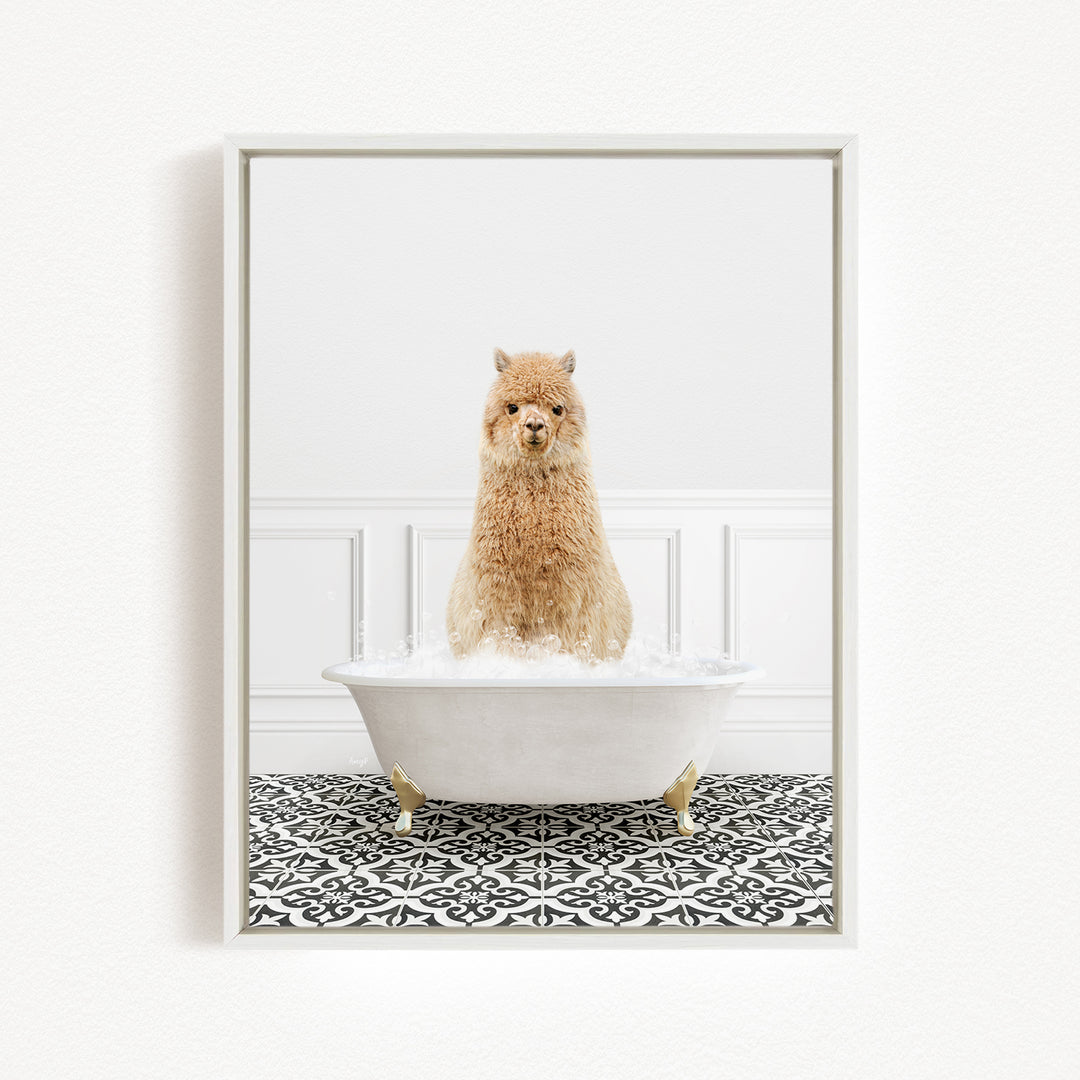 A fluffy brown dog sitting in a white bathtub filled with water, surrounded by a black and white patterned floor.